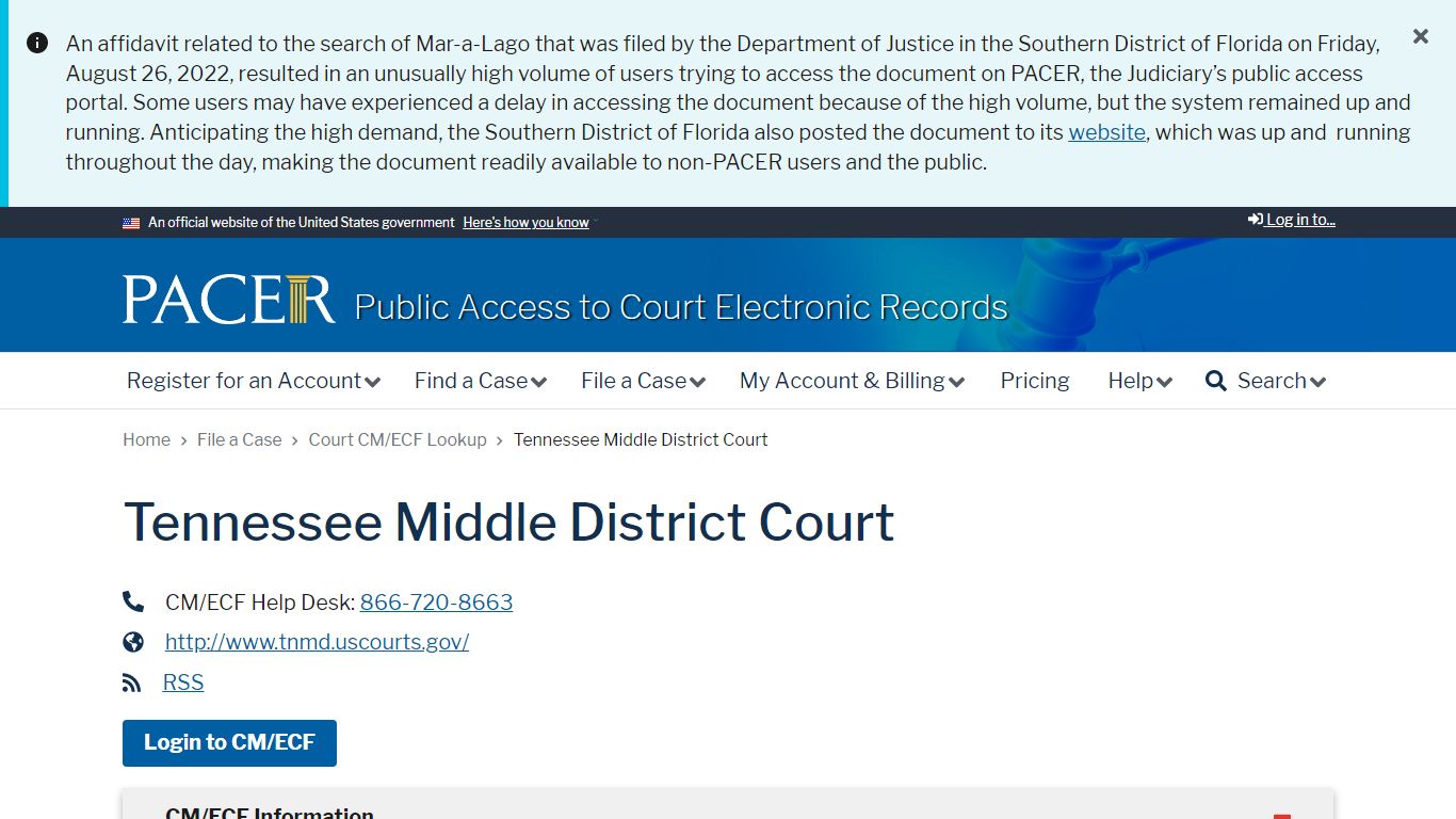 Tennessee Middle District Court | PACER: Federal Court Records